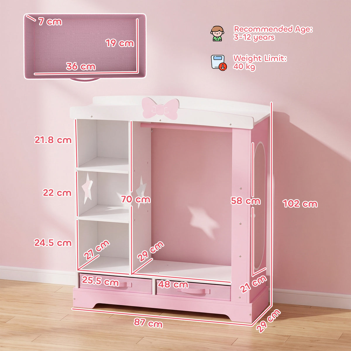 AIYAPLAY Kids Wardrobe, Children Dress Up Storage With Lighted Mirror, Pink