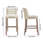 Elegant Set Of 2 Bar Stools Linen Tufted With Wood Legs & Low Back | Beige