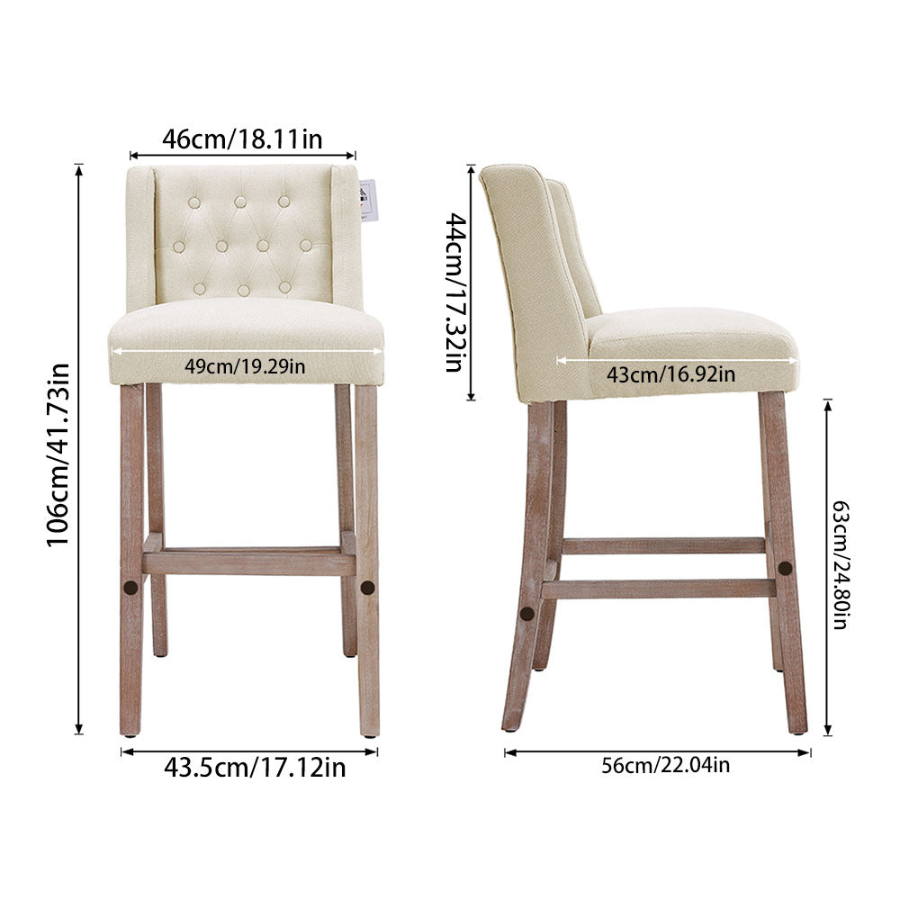 Elegant Set Of 2 Bar Stools Linen Tufted With Wood Legs & Low Back | Beige