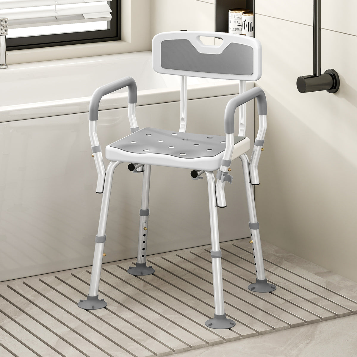HOMCOM Padded Shower Stool With Arms And Back, 4 Suction Foot Pads