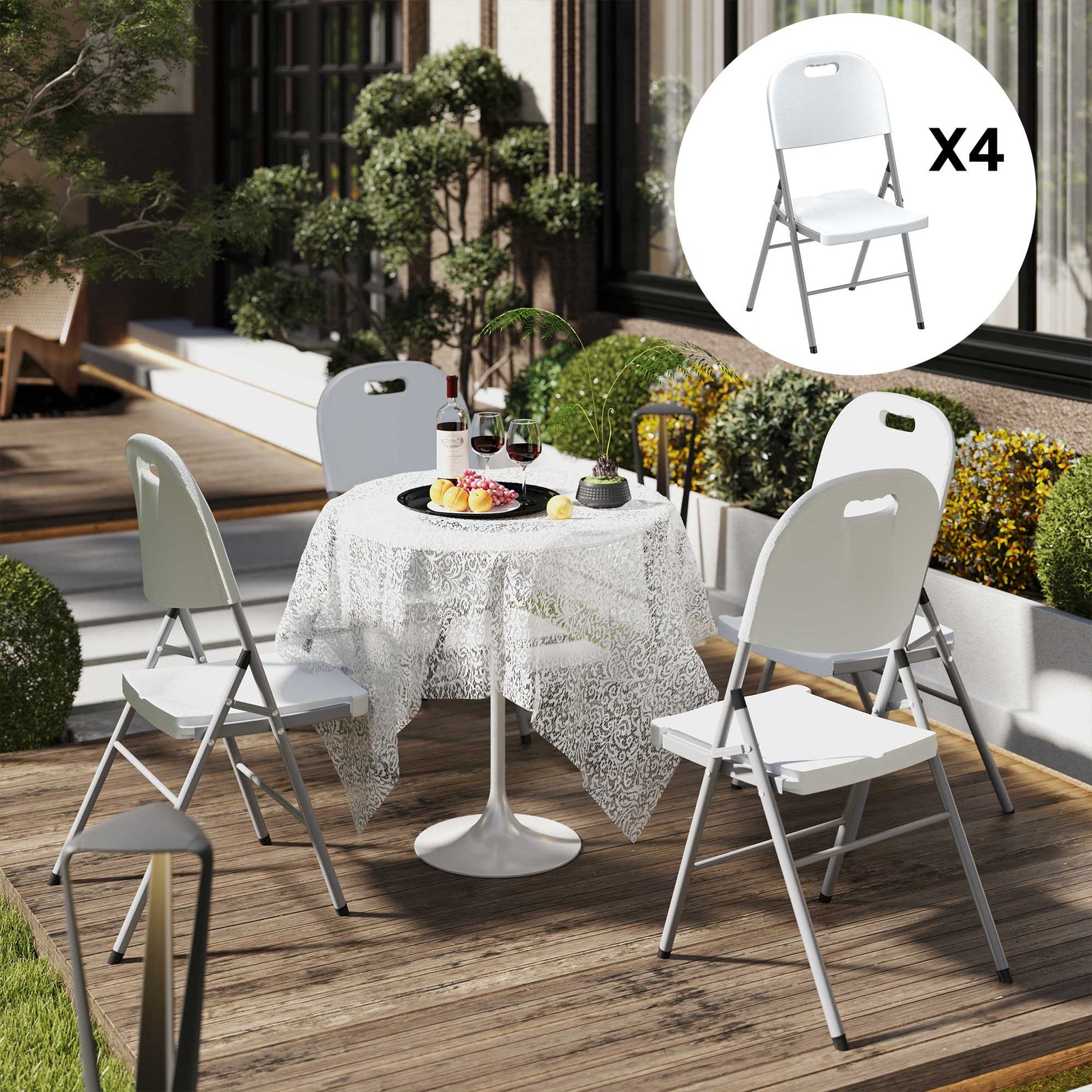 Folding Chair With Steel Frame, Garden Chair Set | Set-of-4 | White
