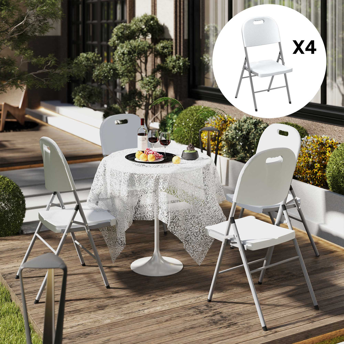 Folding Chair With Steel Frame, Garden Chair Set | Set of 4 | White