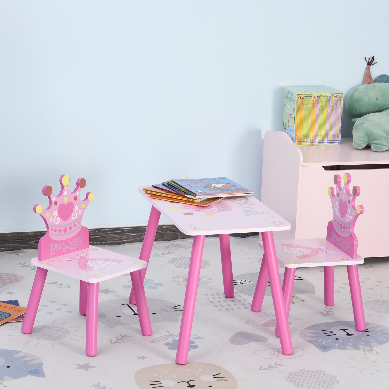 3 Pcs Kids Princess & Crown Chair Table Set Home Furniture 2-4 Yrs Pink