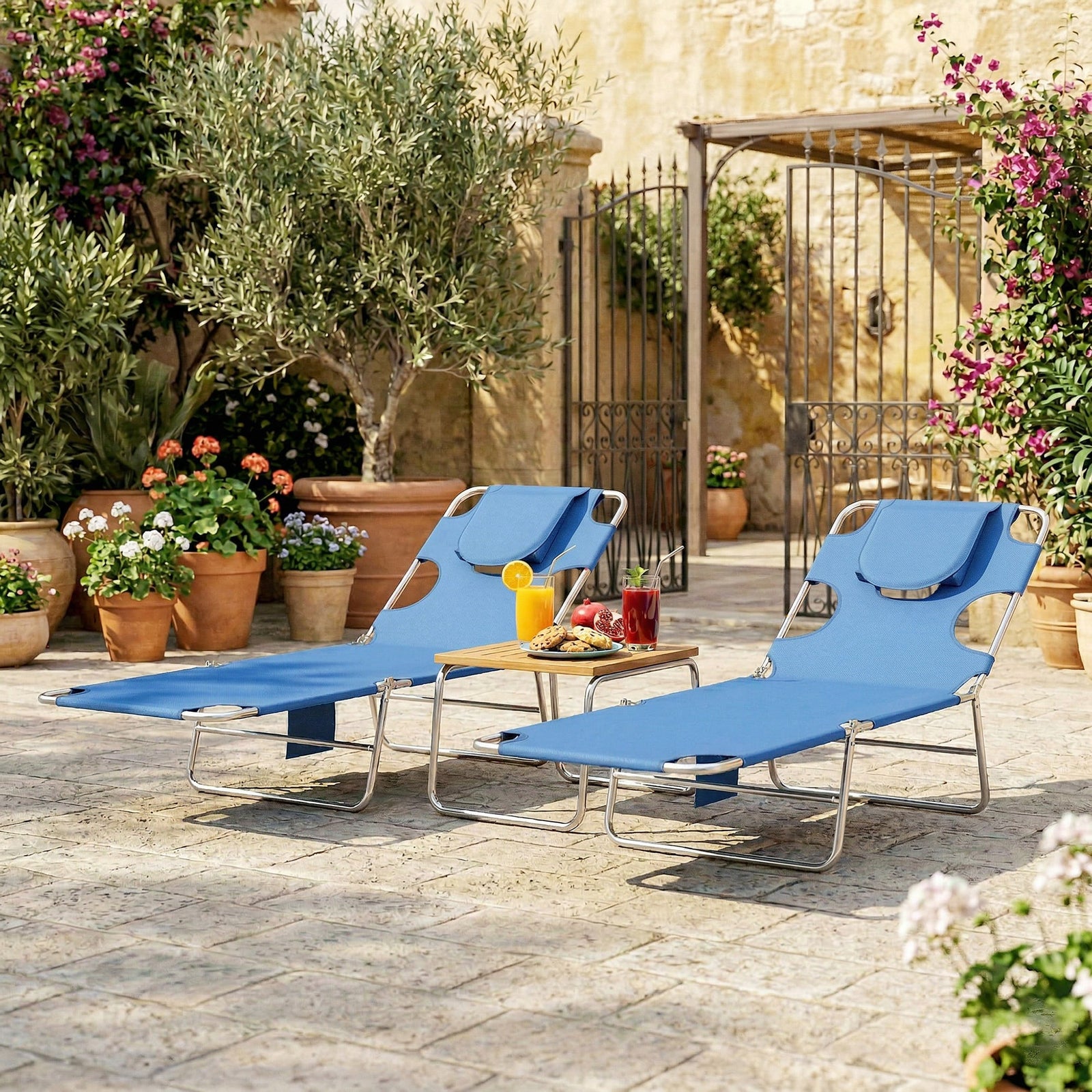 2 Sun Loungers With Reading Hole, Folding Garden Lounger | Blue
