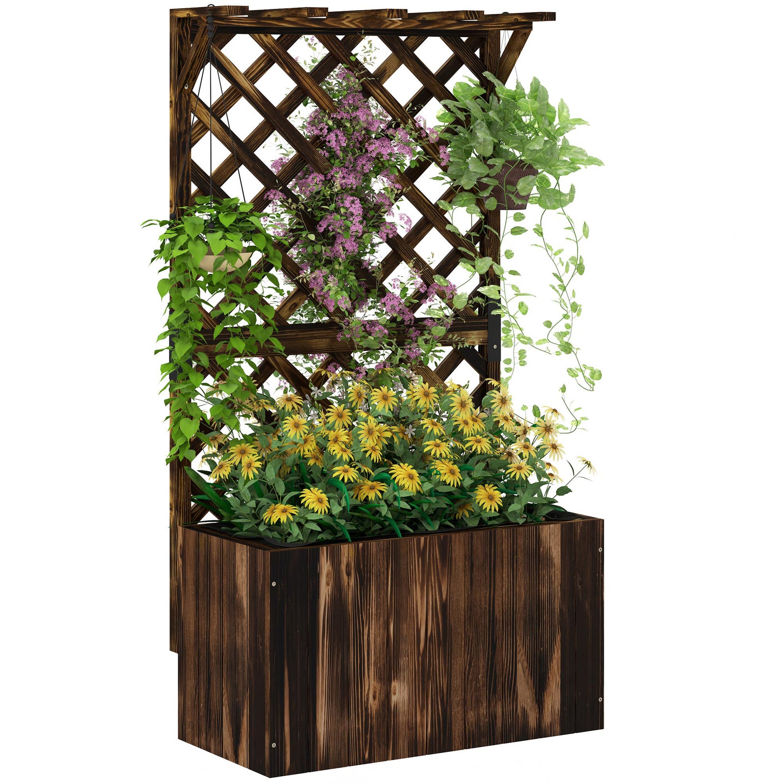 Wooden Planter W/ Trellis And Drainage Holes | Brown
