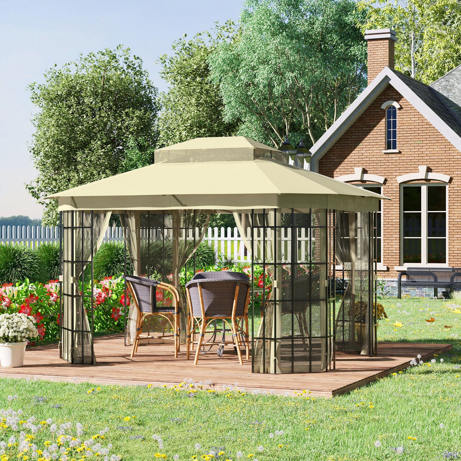 3.7x3m Patio Gazebo With 2-tier Roof And Mosquito Netting