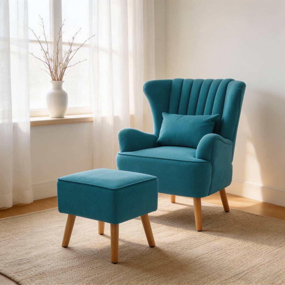 Upholstered Armchair With Footstool – Linen Fabric, Solid Wood Frame,mustard Yellow/ Teal | Teal