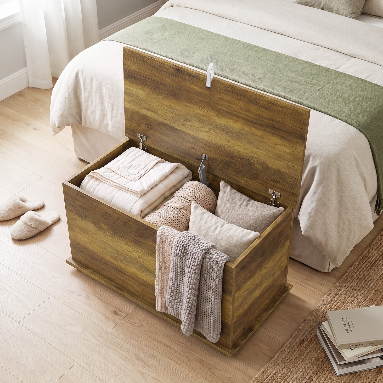 Storage Chest With Safety Hinged Lid, 102l Storage Box | Brown