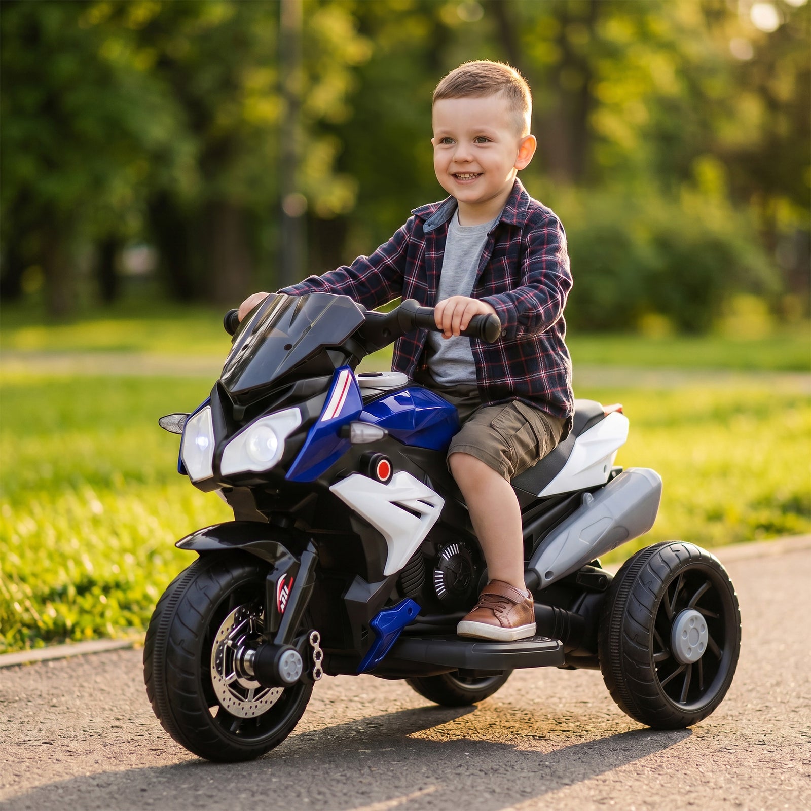 Kids Electric Motorcycle With 3 Wheels, Headlight, Music, Horn | Blue