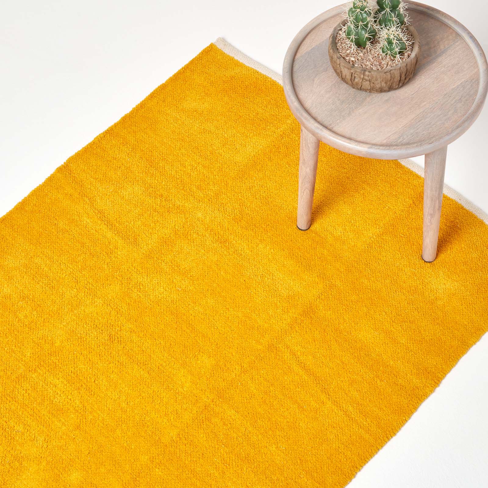 Plain Chenille 100% Cotton  Rug With Natural Trim | 150cm x 95cm | Mustard