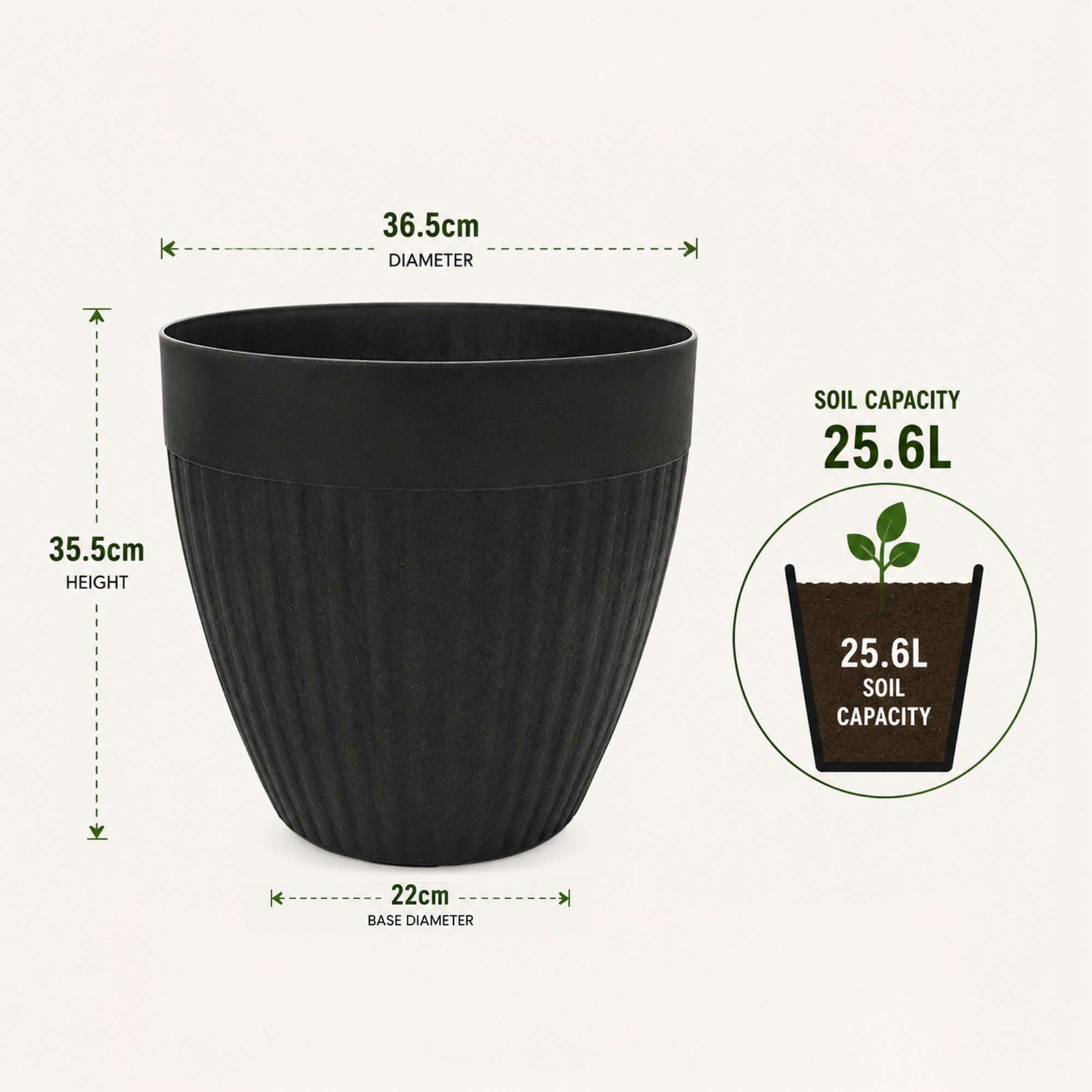 36cm Tall Round Ribbed Effect Black Rubber Planters - Indoor Outdoor Planter | Set-of-2