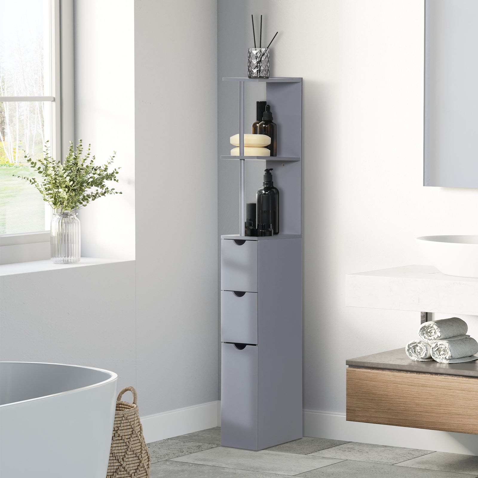 Tall Bathroom Cabinet With Shelf, Drawers | One Size