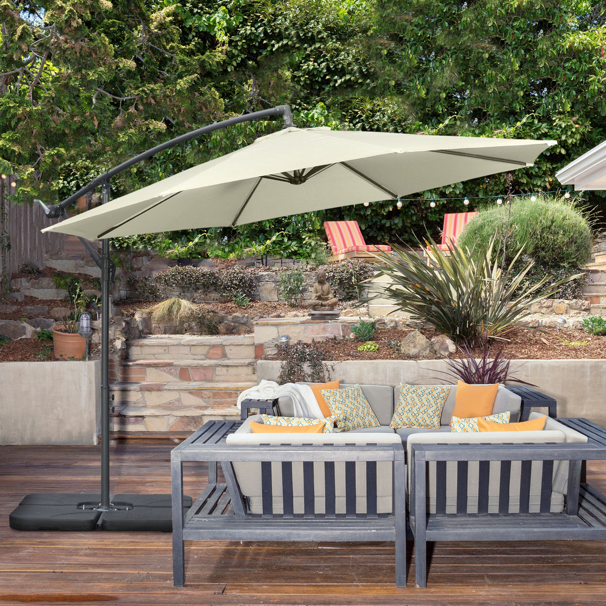 3(m) Garden Banana Parasol Cantilever Umbrella w/ Base Weights & Cover | Beige