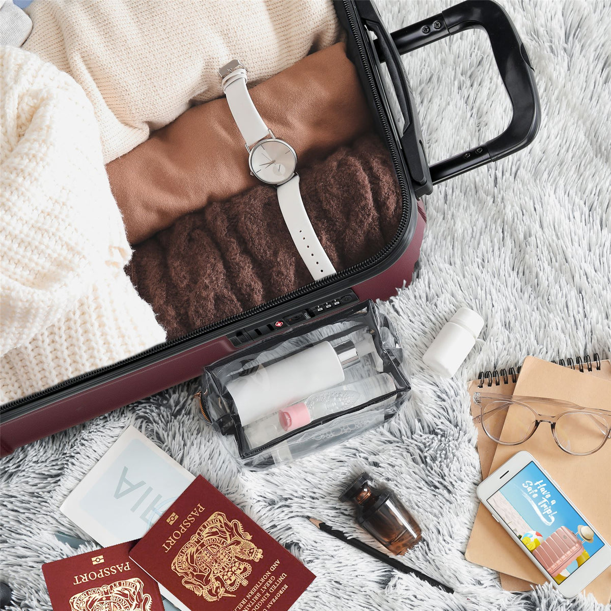 Set Of 3 Hard Shell Suitcases Overhead Carry On Cabin Bag & Check In 20kg+ Medium And Large Bag. | Set of 3 | Burgundy