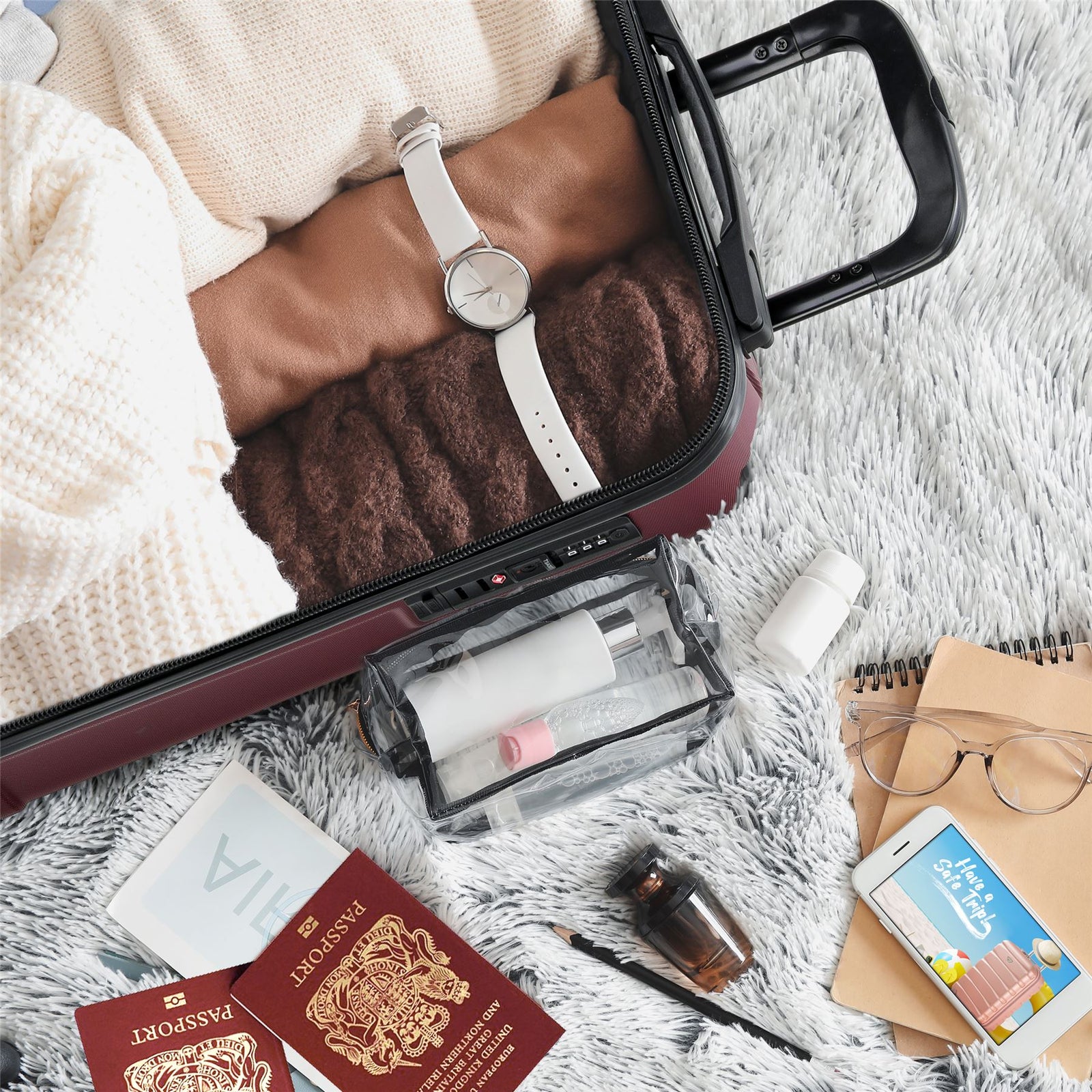Set Of 3 Hard Shell Suitcases Overhead Carry On Cabin Bag & Check In 20kg+ Medium And Large Bag. | Set-of-3 | Burgundy
