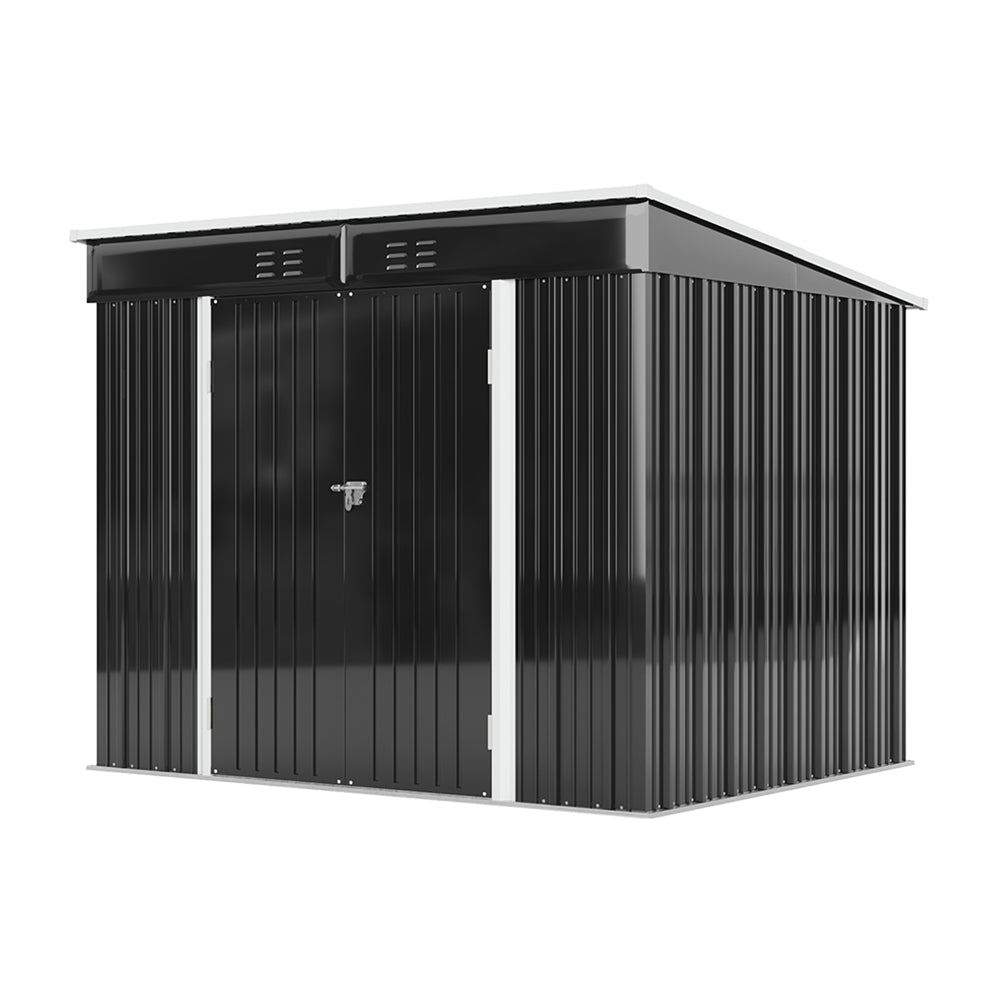 6x8ft Metal Storage Shed Black Galvanized Steel Tool House With Foundation, Double Lockable Doors, Ventilation