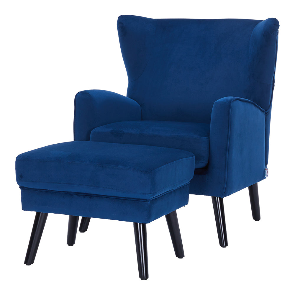 Velvet Upholstered Leisure Chair With Footstool – Accent Armchair With Wooden Frame | Blue
