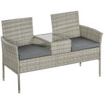 Rattan Garden Bench W/ Glass Table, Wicker Chair, Cushions | Dark Gray