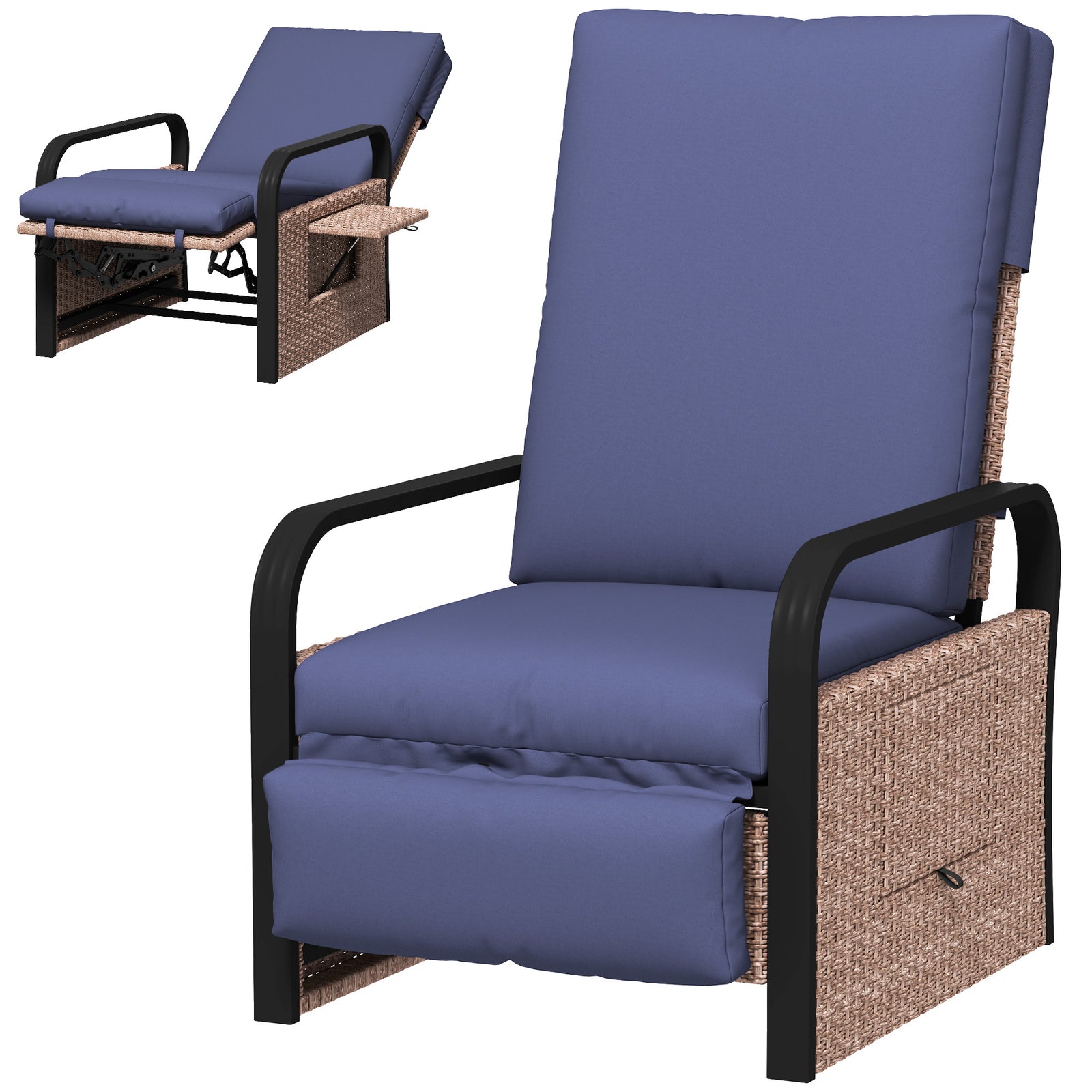 Rattan Recliner Chair, Adjustable Backrest & Footrest | Blue