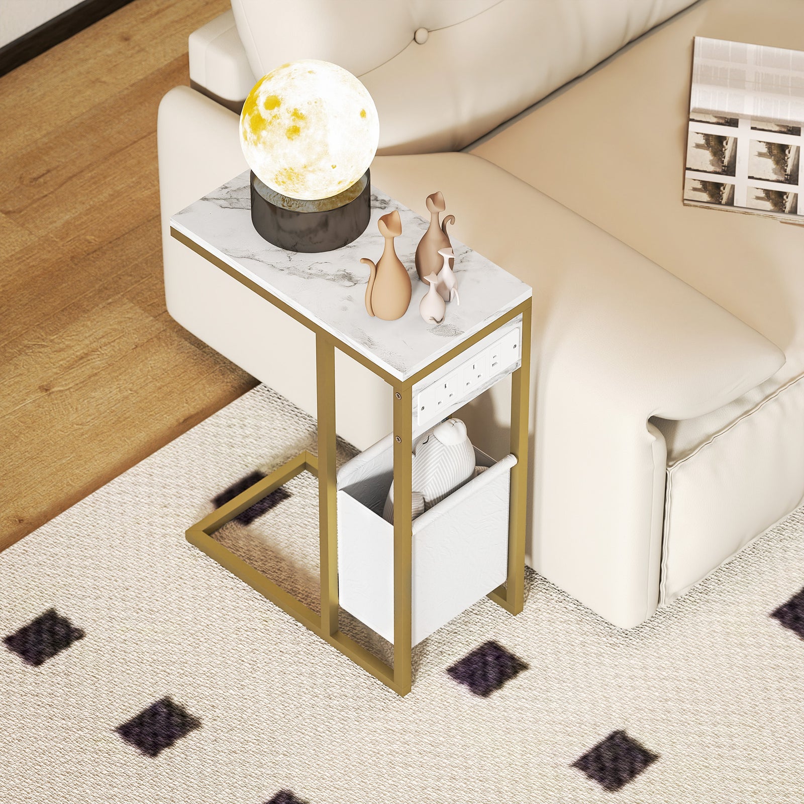 HOMCOM C Shaped Side Table, Faux Marble Bedside Table With Charging Station