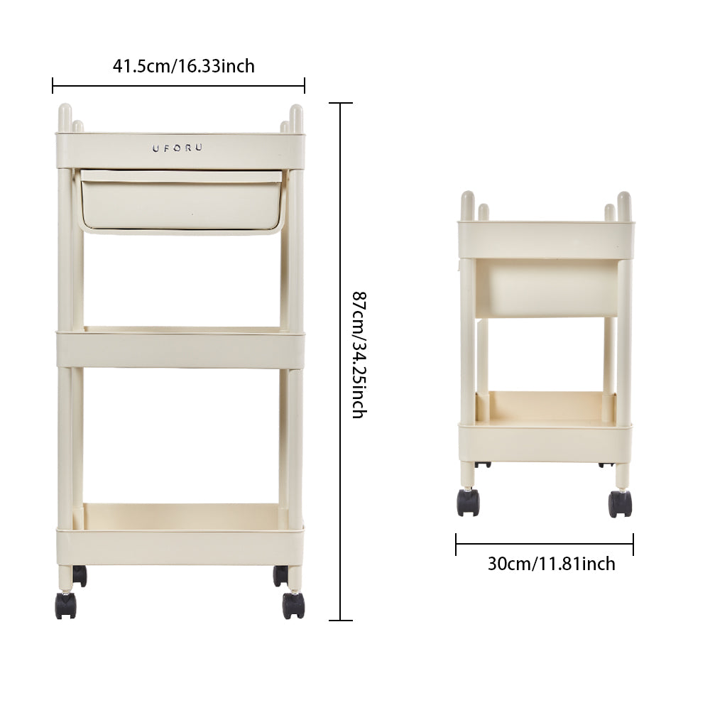 3/4-tier Rolling Storage Cart With Drawer Cream White Utility Trolley With Wheels | Small | Cream