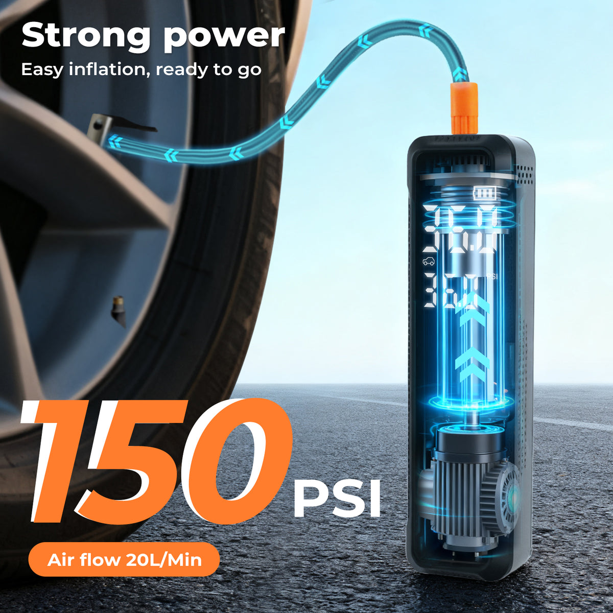 Car Tyre Inflator Portable Air Compressor Pump 150psi Rechargeable | Black
