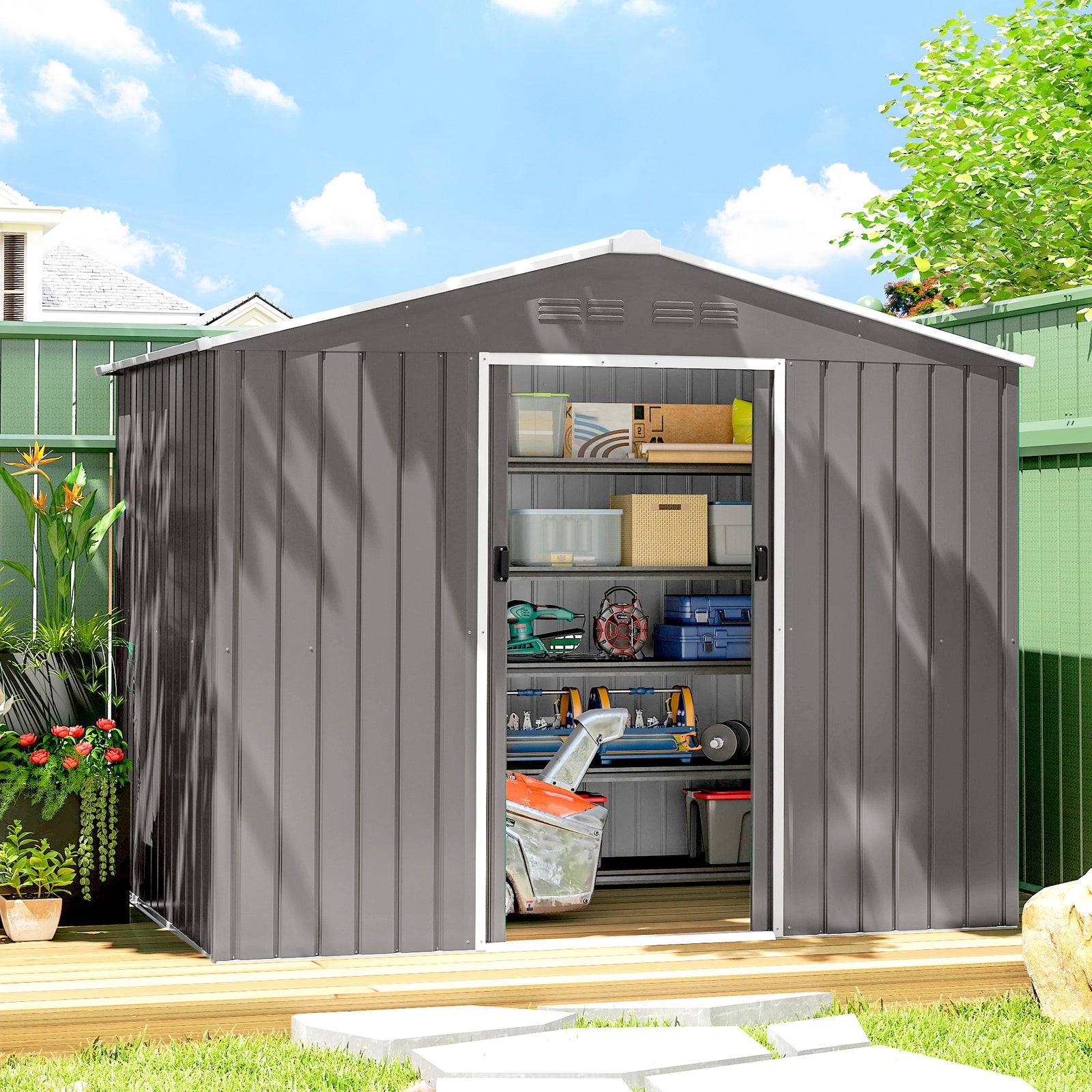 8 X 6ft Garden Storage Shed With Double Door | Light Grey