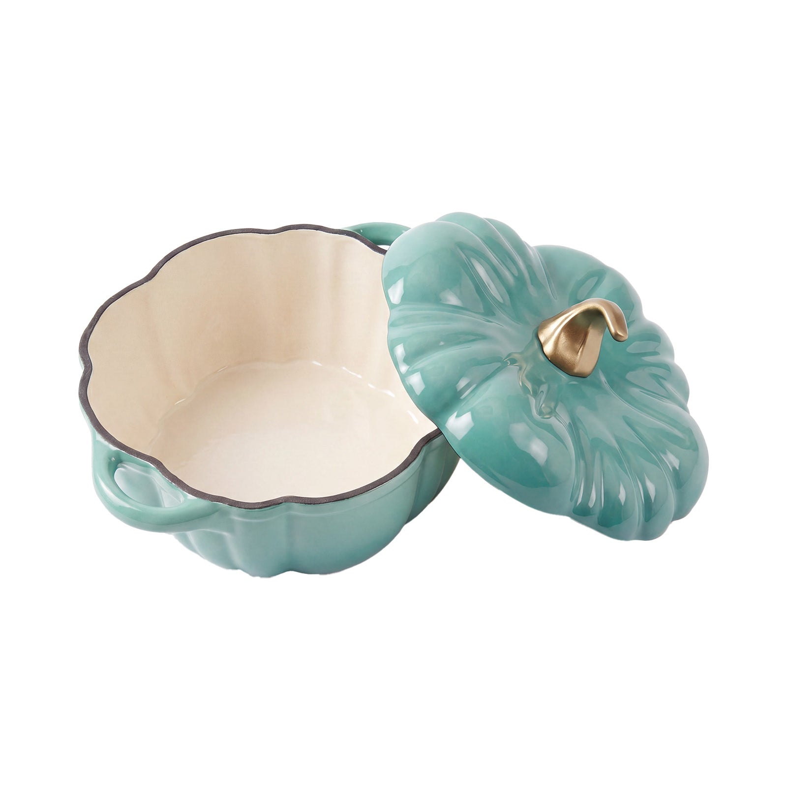 Enamelled Cast Iron Pumpkin Dutch Oven With Lid And Handles | Teal