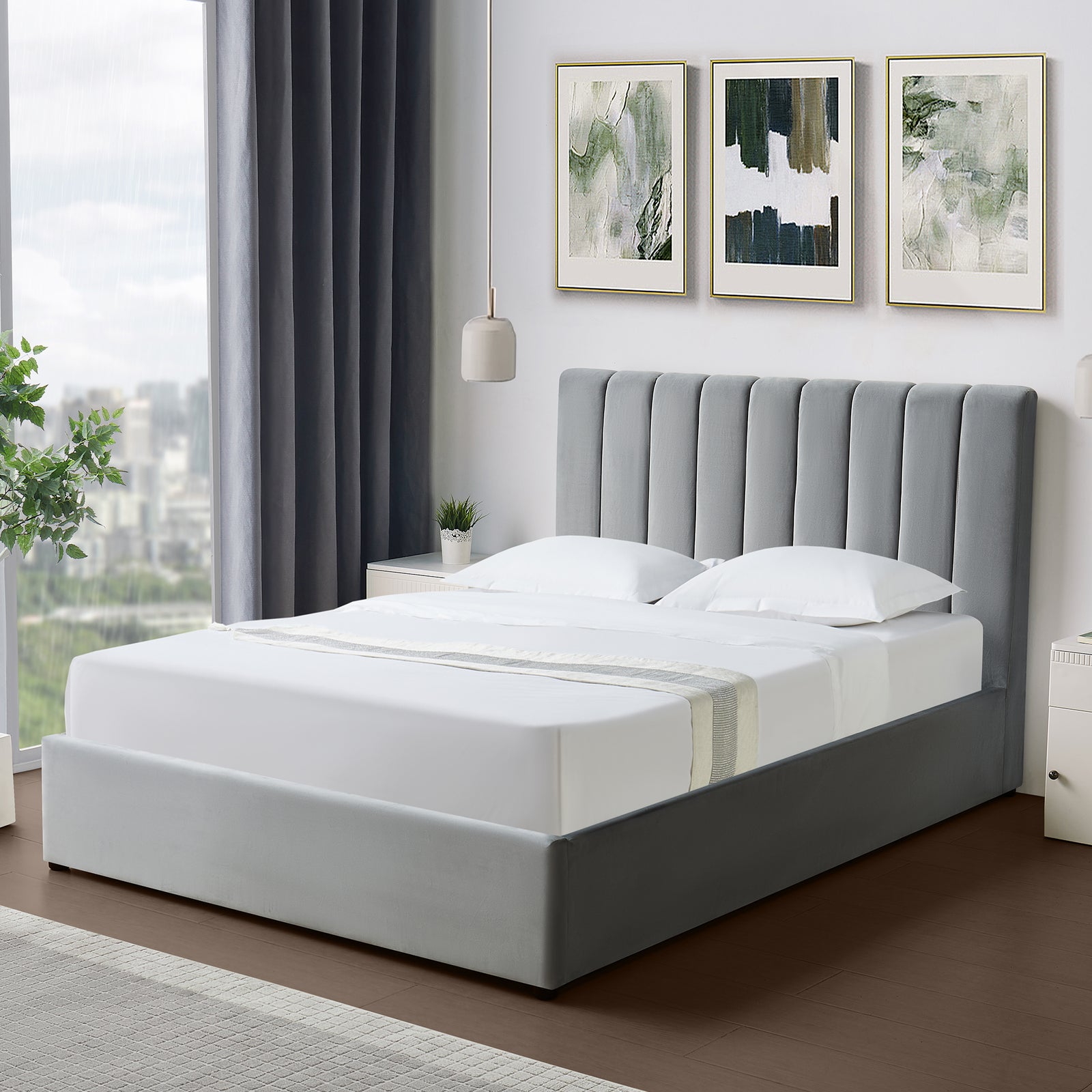 Corwin Grey Velvet Ottoman Storage Bed Frame - 4 Sizes Available | Double