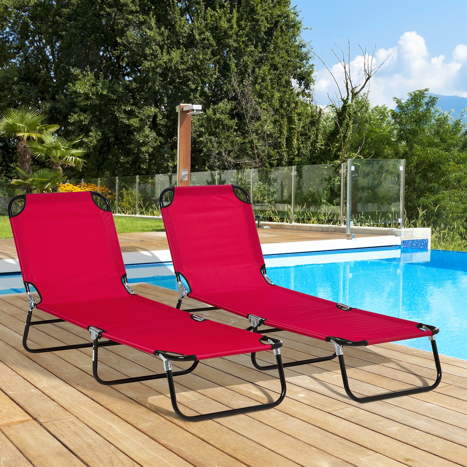 Folding Sun Loungers Set Of 2 With Adjustable Backrest | Red