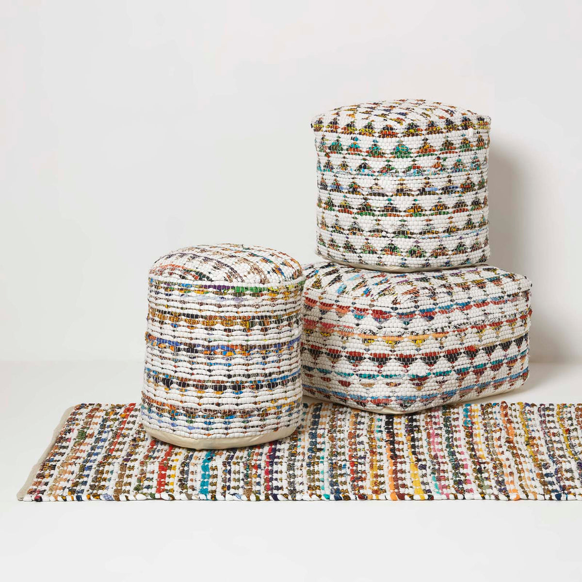 HOMESCAPES Cream Chindi Design Small Square Beanbag Style Footstool