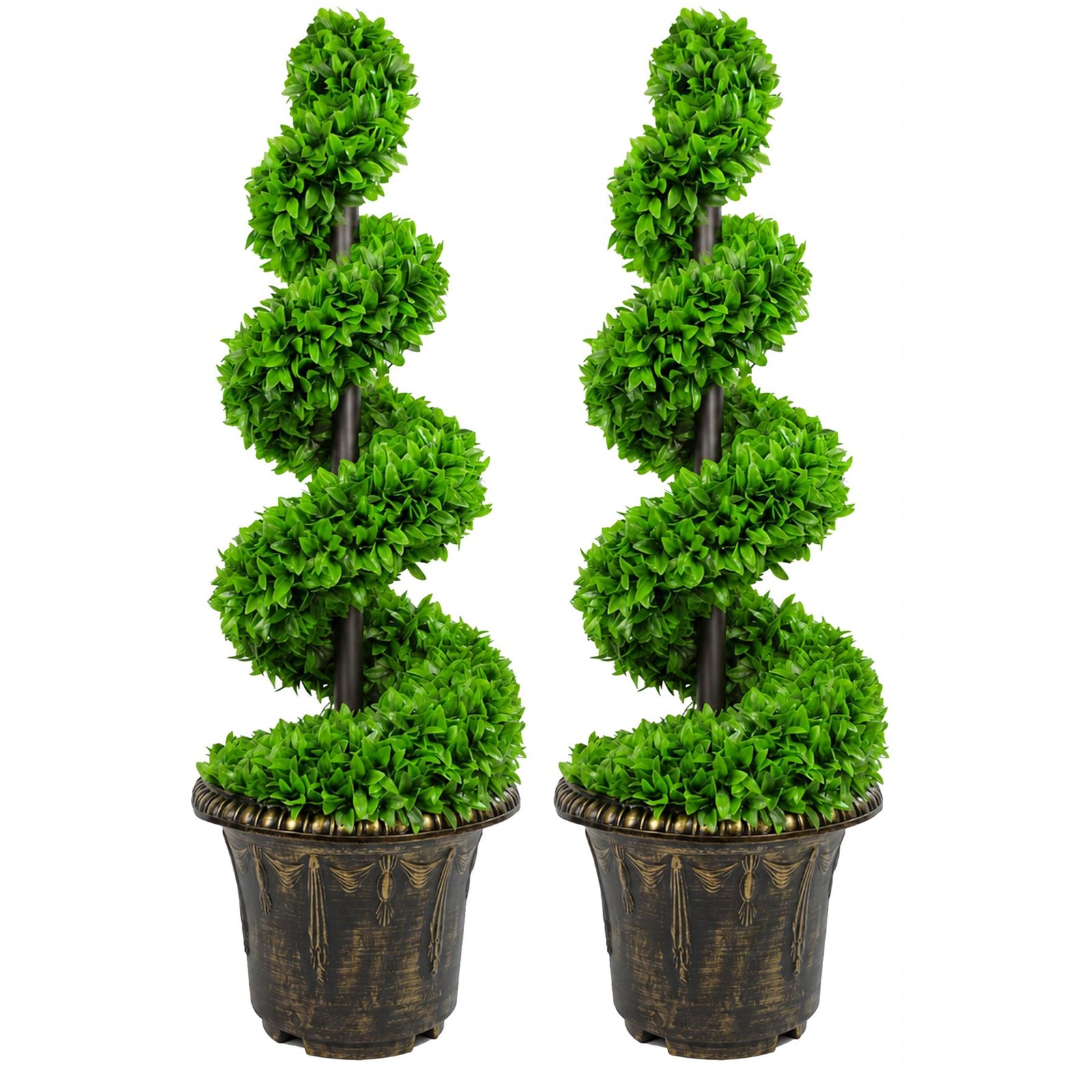 90cm Pair Of Green Large  Spiral  Topiary Trees With Decorative Planters
