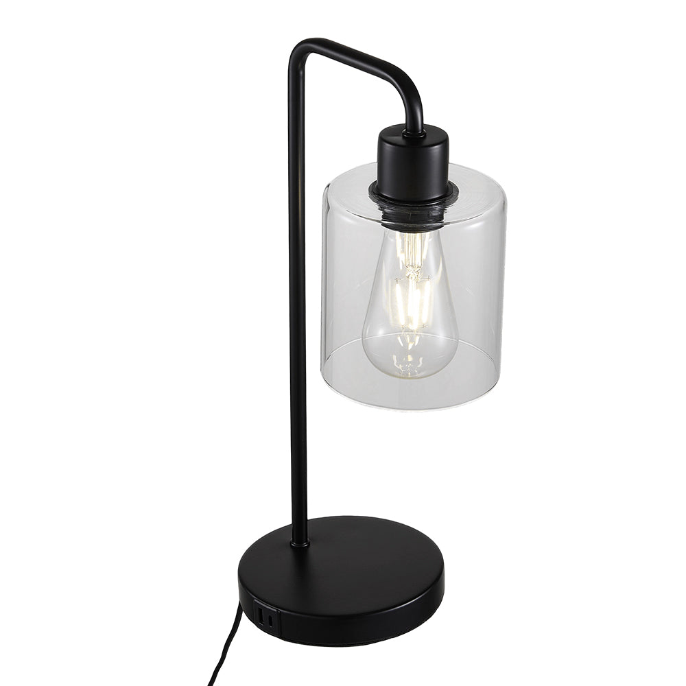 Black Iron Table Lamp With Clear Glass Shade – Touch Control, 3 Brightness Levels & Usb/type-c Charging Ports