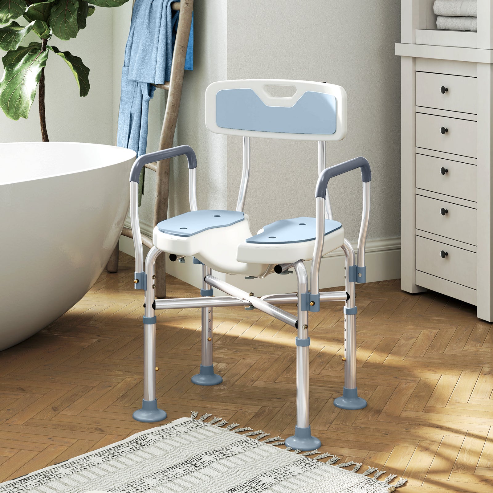 Padded Bath Chair With Slotted Seat And Adjustable Height | One Size | Blue