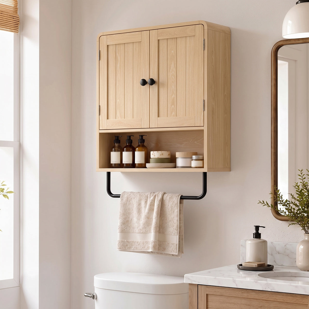 HOMCOM Bathroom Cabinet With 2 Doors And Adjustable Shelf, Oak