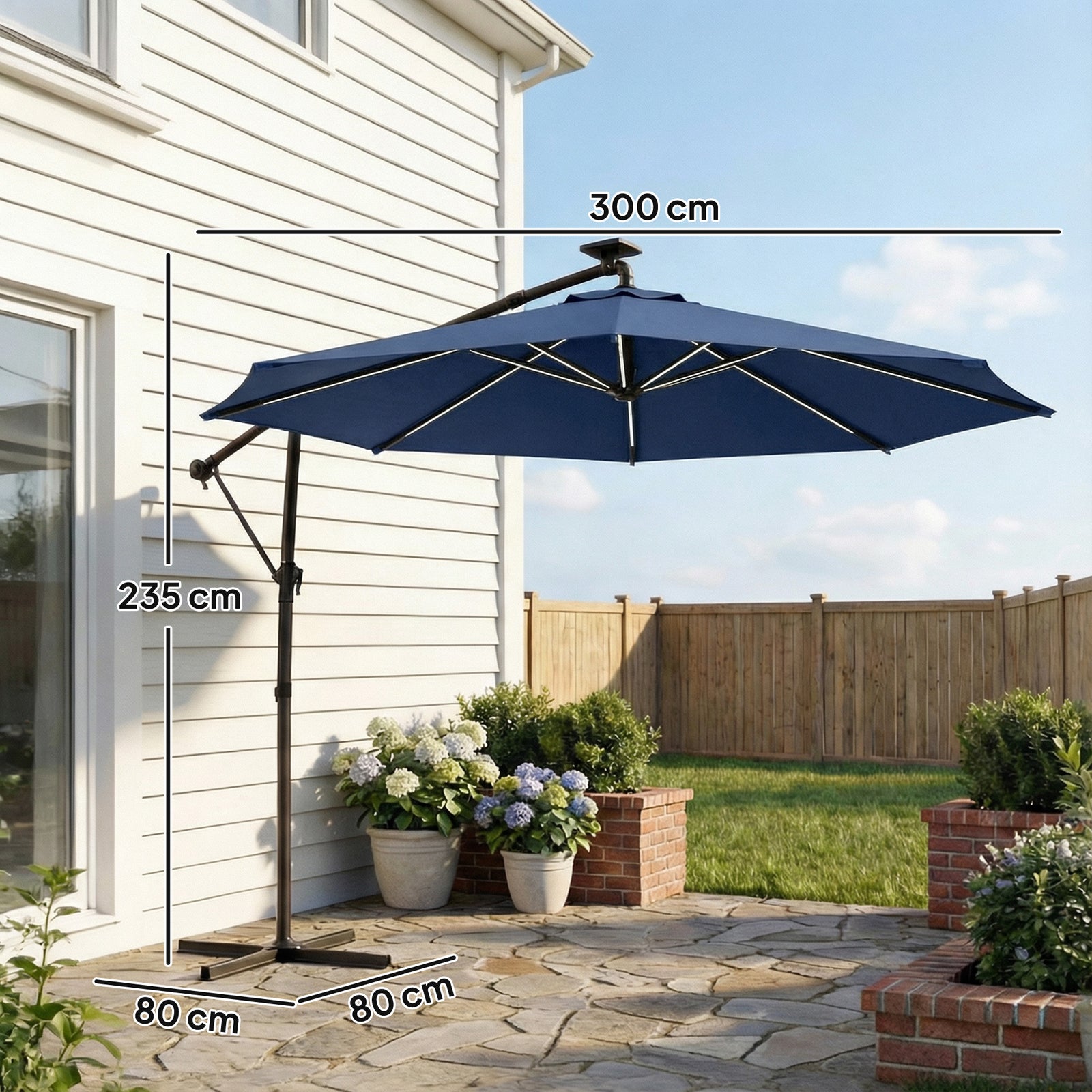 3 M Garden Cantilever Parasol With Solar Light, Rotation | Navy Blue