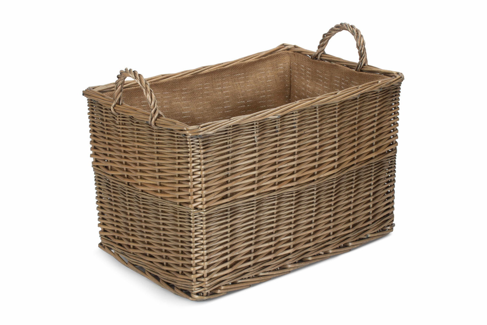 Wicker Antique Wash Rectangular Hessian Lined Basket | Large | Brown