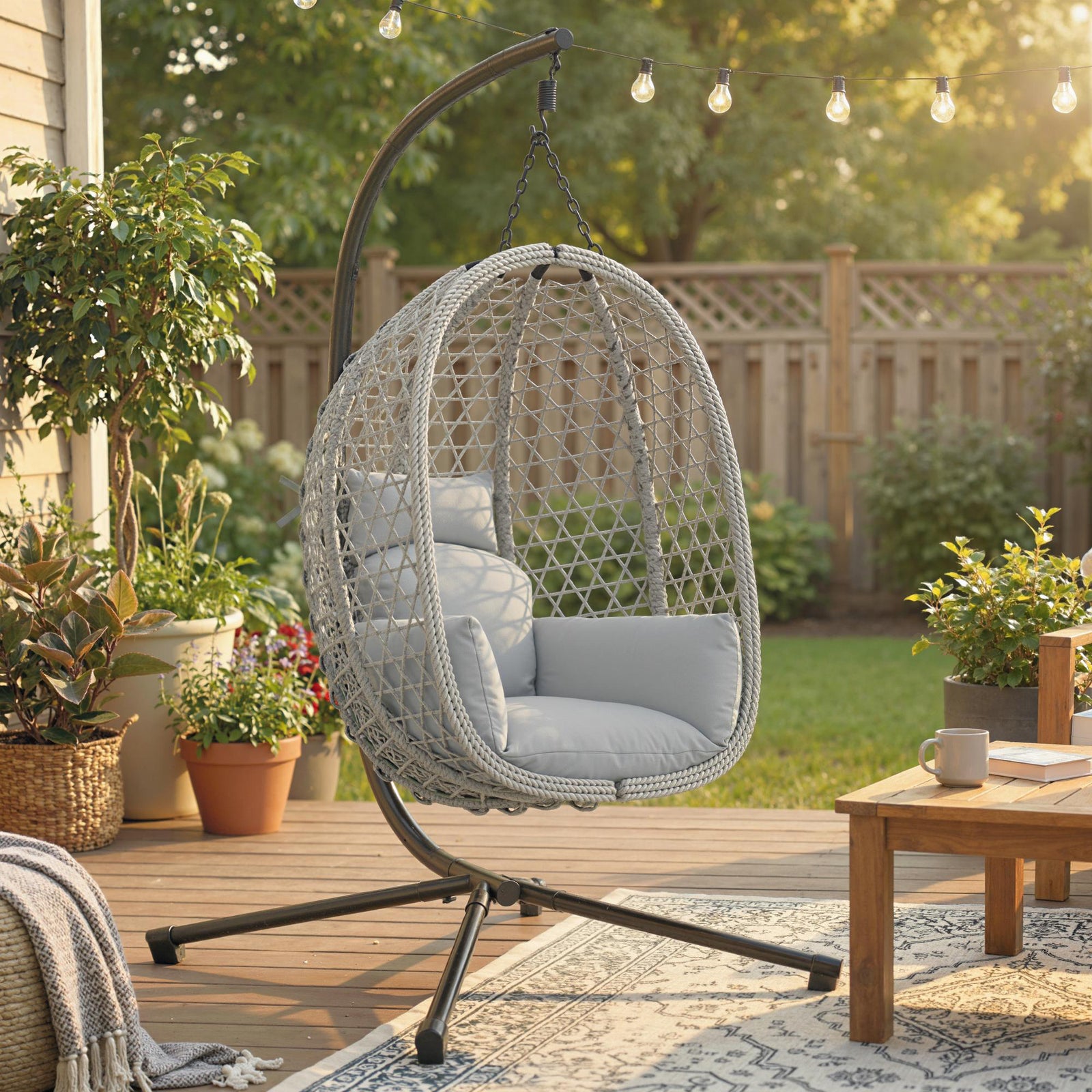 Hanging Egg Chair, Rattan Swing Chair With Stand | Light Grey