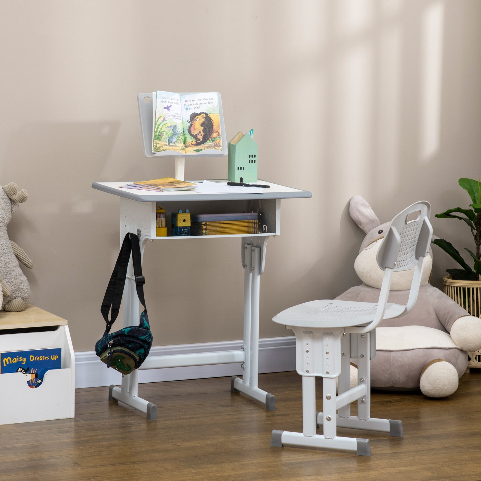 Kids Desk And Chair Set W/ Drawer, Book Stand, Pen Slot | Grey