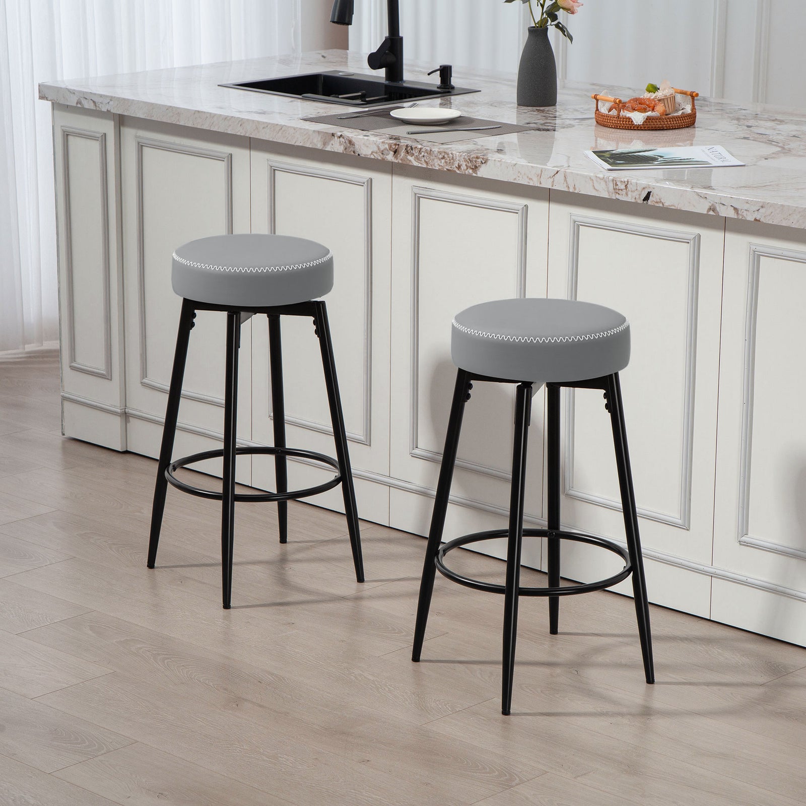 Swivel Bar Stools Set Of 2, Pu Leather Barstools With Footrest | Grey