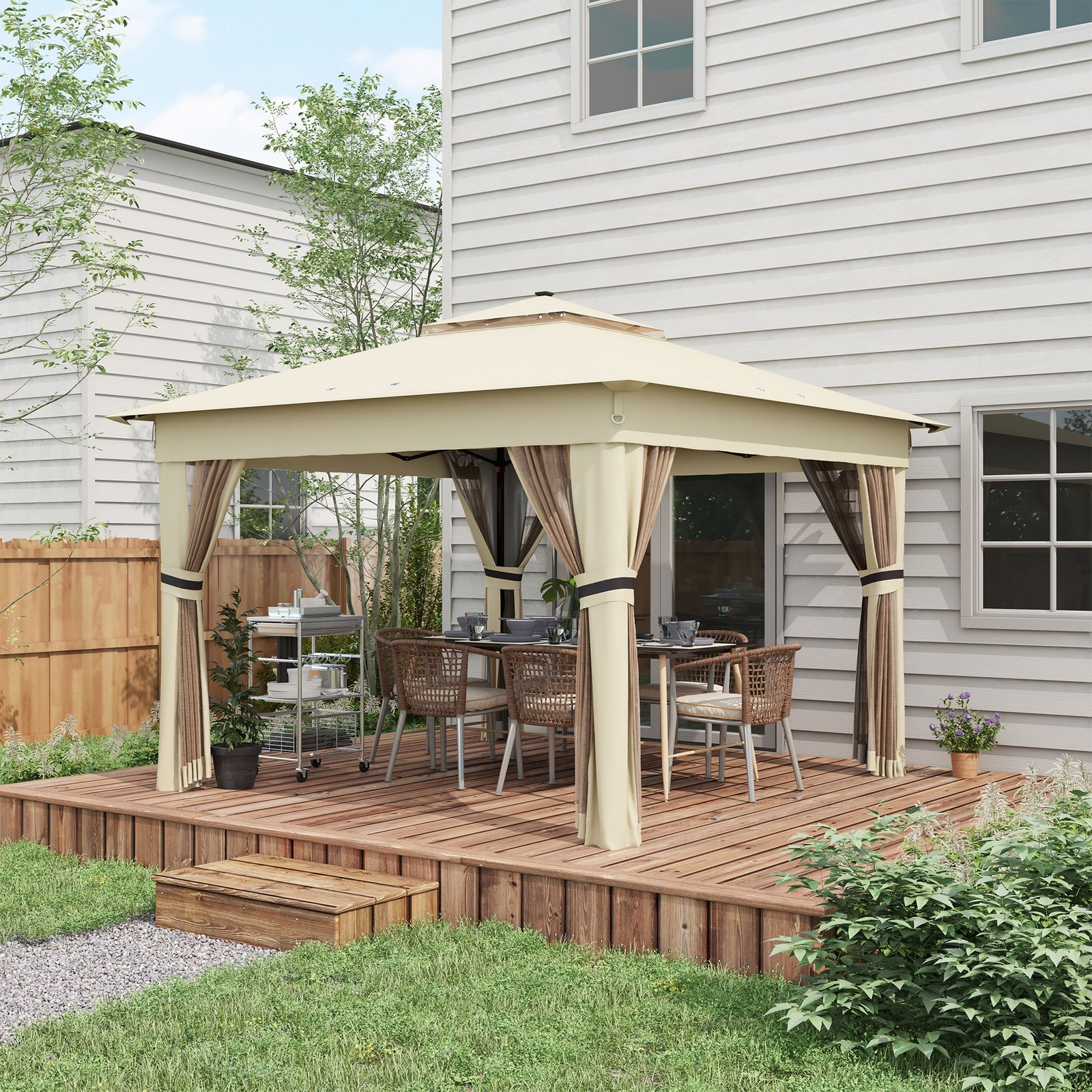 3x3(m) Pop Up Gazebo W/ Solar-powered Led Lights Curtain | Khaki