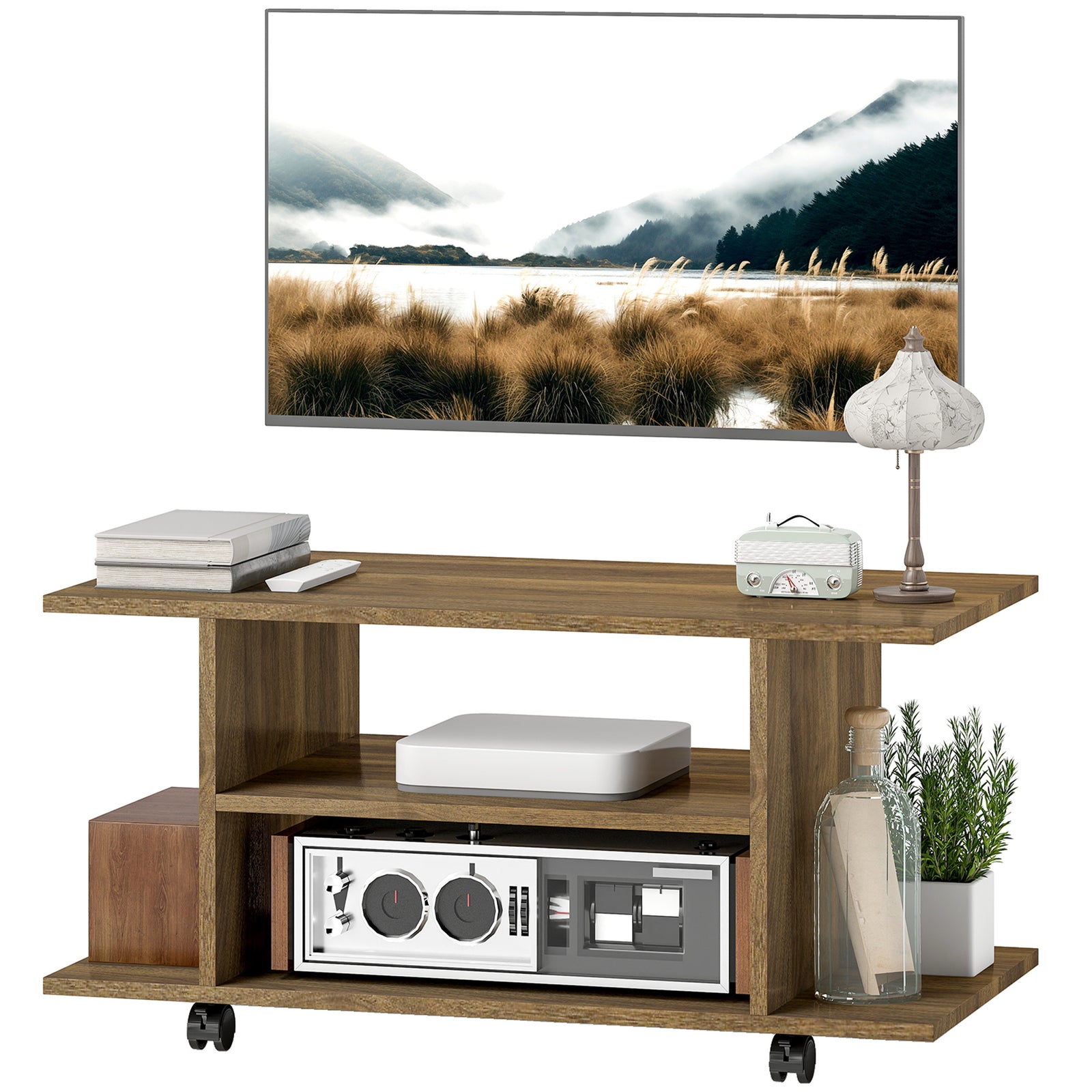 HOMCOM Modern Tv Cabinet Stand Storage Shelves Table Mobile Walnut