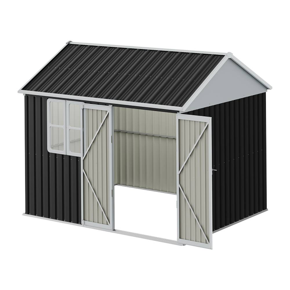 10x8ft Lockable Outdoor Metal Shed With Window – Apex Roof Garden Storage With Double Doors For Tools, Equipment