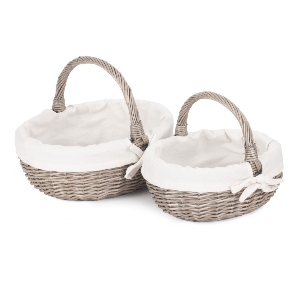 White Cotton Lined Antique Wash Shopping Basket | Set-of-2 | White