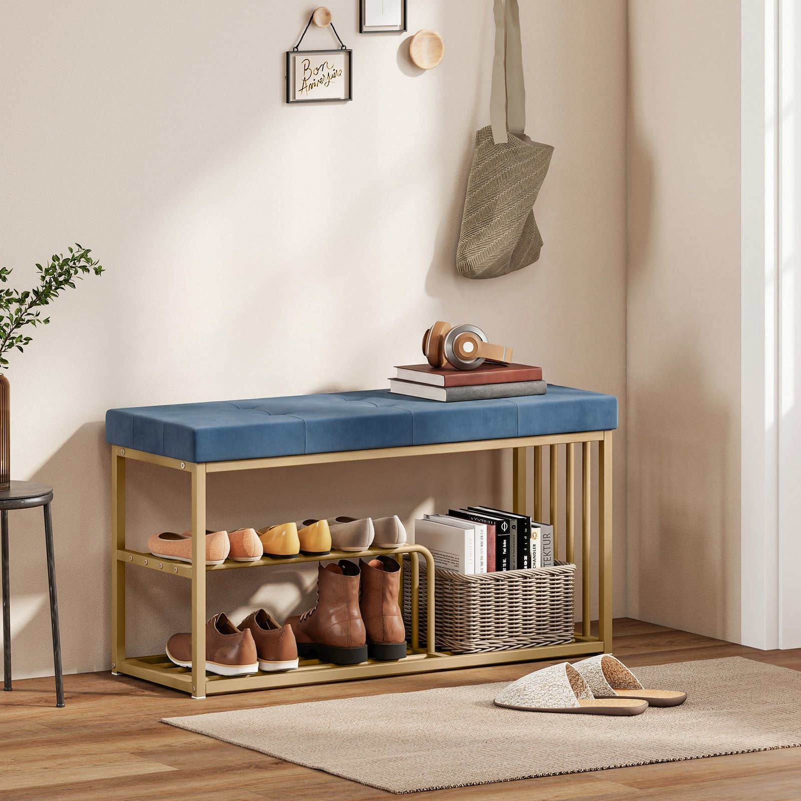 Shoe Storage Bench With Seat Cushion Tufted Shoe Rack Bench | Dark Blue