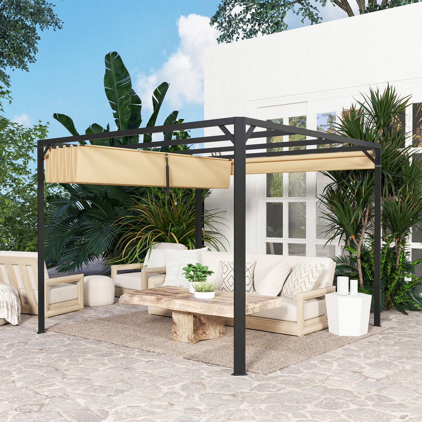 3 X 3(m) Pergola With Retractable Roof & Roller Shade | Khaki