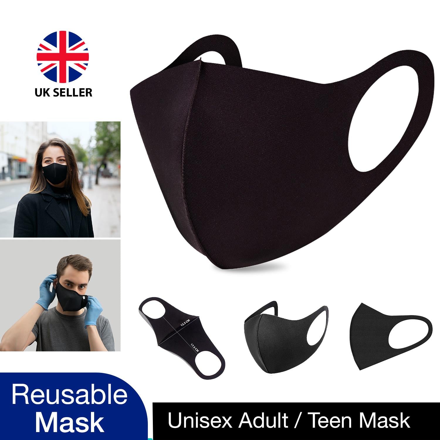 10x Unisex Face Mask Washable, Reusable, Breathable Ear Loops 3d Shapemask,black