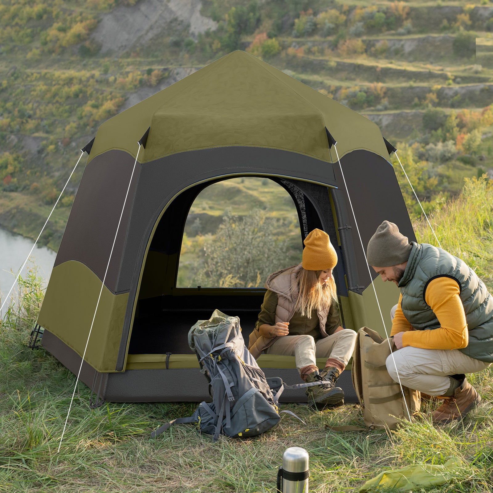 Outsunny Double Layer Dome Tent, 4 Man Hexagon