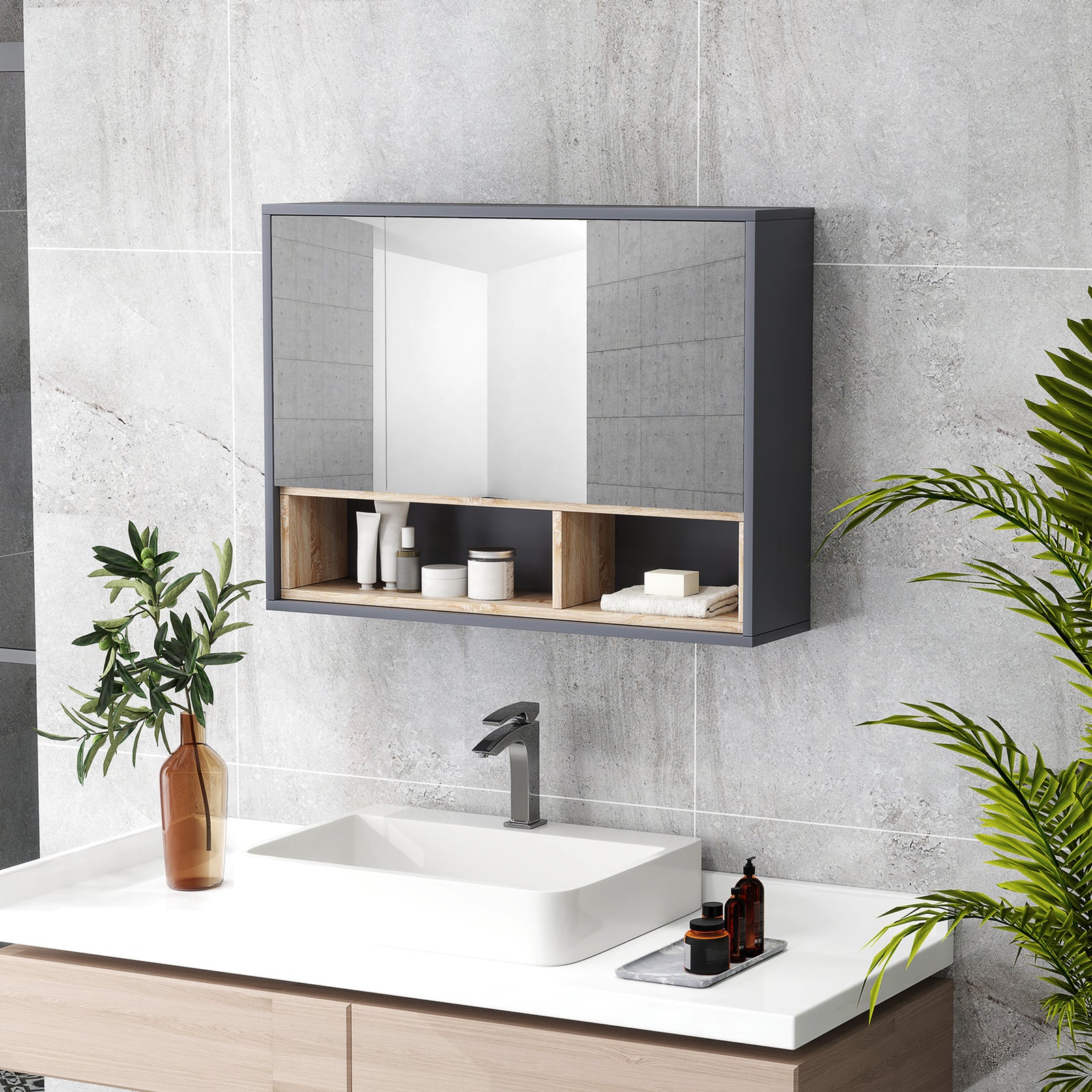 Bathroom Cabinet Wall Mounted Mirror Storage Grey
