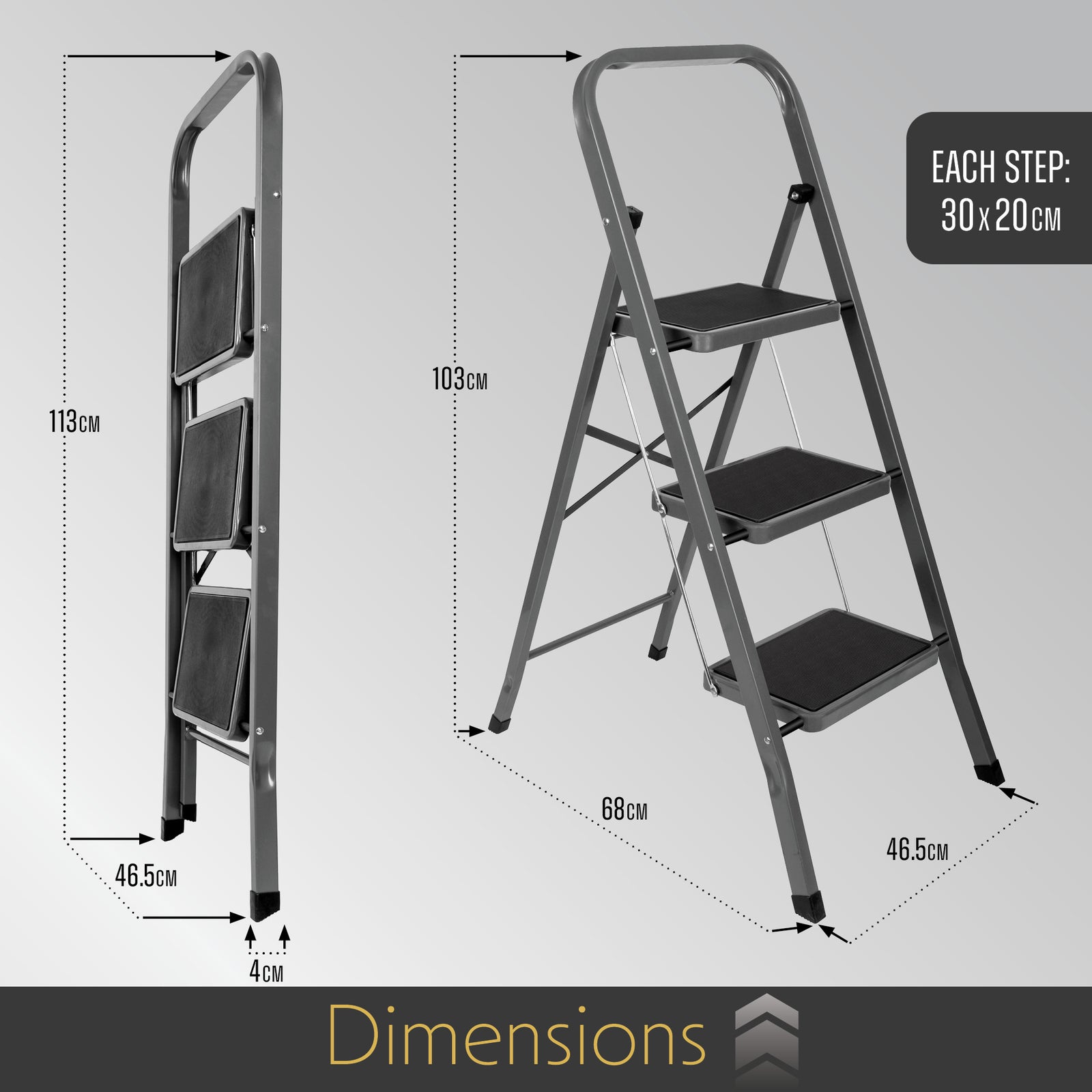 3 Step Ladder, Heavy-duty Steel Folding Home Diy Step Stool With Wide Non-slip Steps & Anti Slip Feet 150kg Capacity | 3 Step | Grey